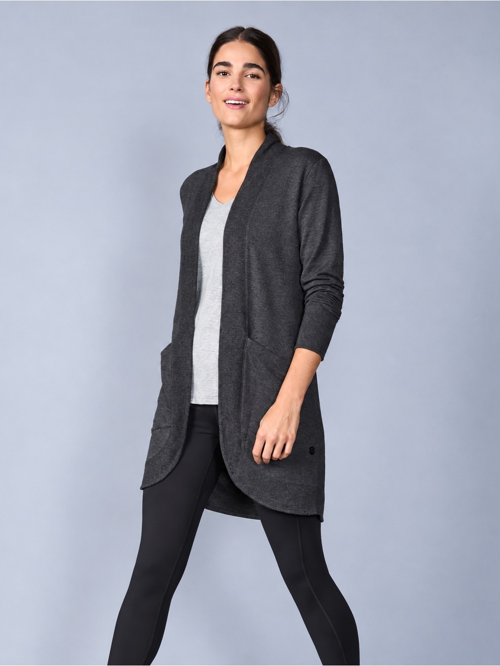 L.L.Bean SoftFlex Long Open Cardigan Womens M Charcoal Gray Modal Pockets